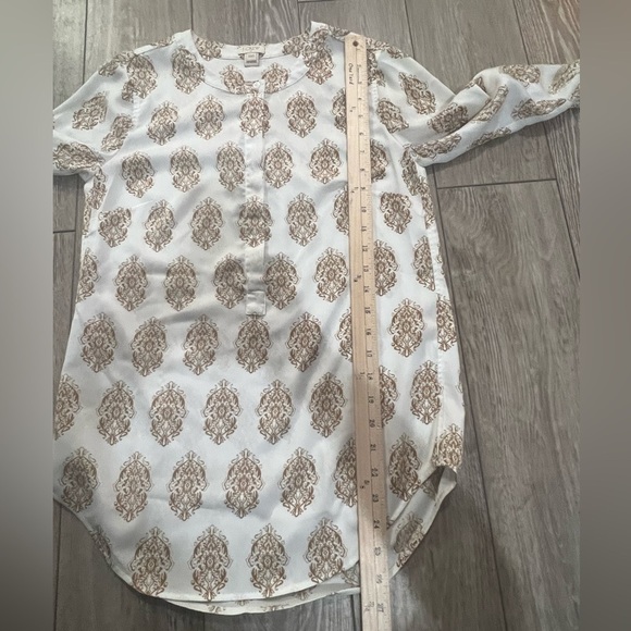 J CREW XXS Popover Tunic Top Blouse Printed Medallion Paisley White Tan - Picture 7 of 8
